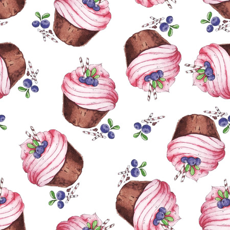 Watercolor Seamless pattern blueberries cupcakesのイラスト素材