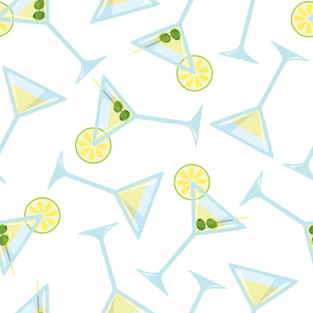 Seamless pattern with a glass of martini with olives and a slice of limeのイラスト素材