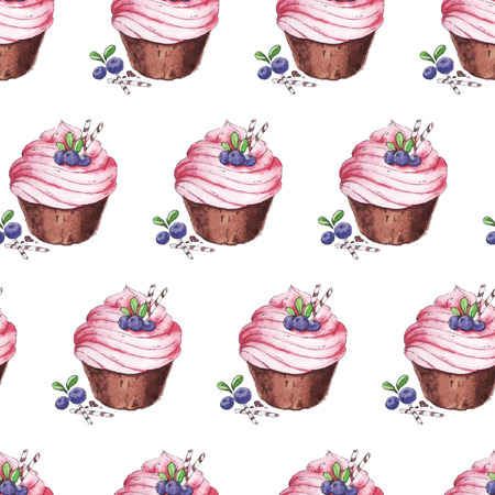 Watercolor Seamless pattern blueberries cupcakesのイラスト素材