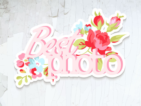 Vintage Sticker. Design element for wedding invitations, greeting cards and scrapbooking on a wooden background.のイラスト素材