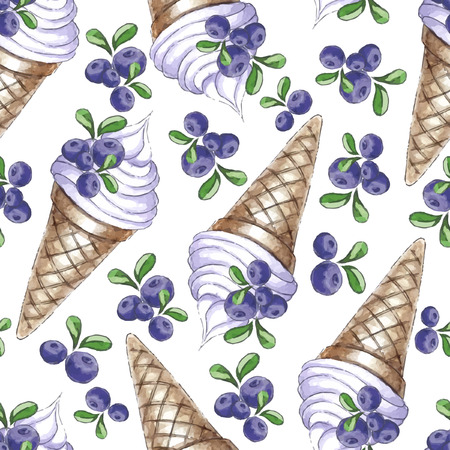 Watercolor Seamless pattern with blueberries ice-creamのイラスト素材