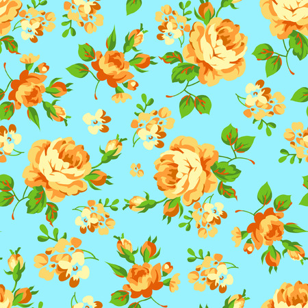 Seamless floral pattern with yellow roses on blue backgroundのイラスト素材