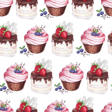 Watercolor Seamless pattern blueberries cupcakes and strawberry cake.のイラスト素材
