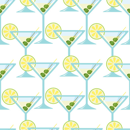 Seamless pattern with a glass of martini with olives and a slice of limeのイラスト素材