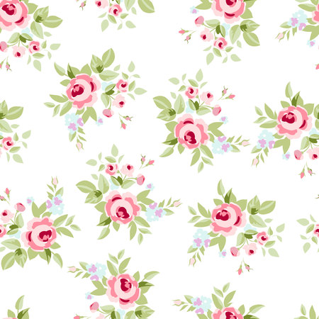Seamless floral pattern with little flowers pink roses, vector floral illustration in vintage style.のイラスト素材