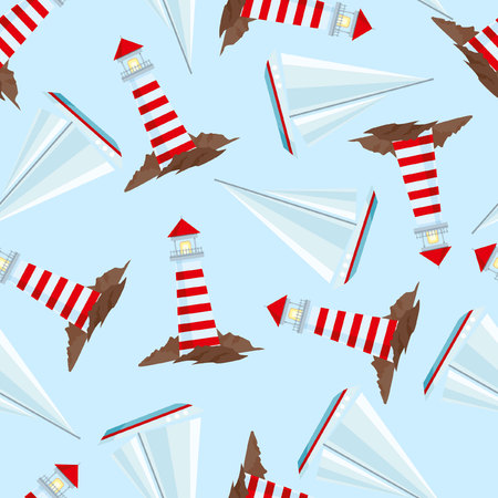Seamless pattern with lighthouse and sailing shipのイラスト素材