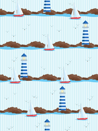 Seamless pattern with lighthouse, seagulls and sailing shipのイラスト素材