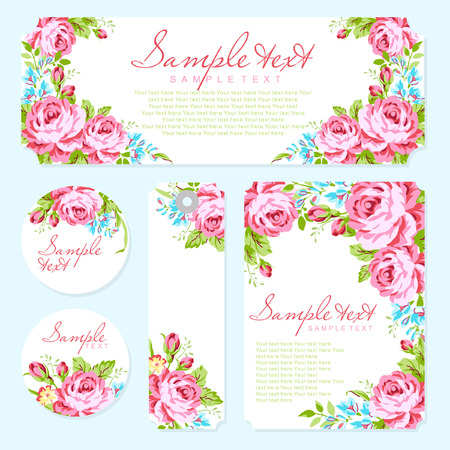Wedding invitation card template with garden pink roses and forget-meのイラスト素材