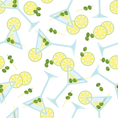 Seamless pattern with a glass of martini with olives and a slice of limeのイラスト素材