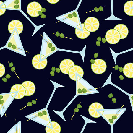 Seamless pattern with a glass of martini with olives and a slice of lime on a black backgroundのイラスト素材
