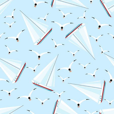 Seamless pattern with sailing ship and seagullsのイラスト素材