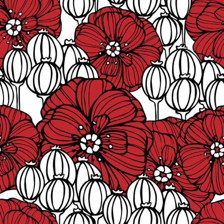 Seamless pattern with red poppy flowers and white poppy boxesのイラスト素材