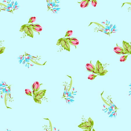 Vector seamless pattern with small blue forget-me-not flowers and buds red roseのイラスト素材