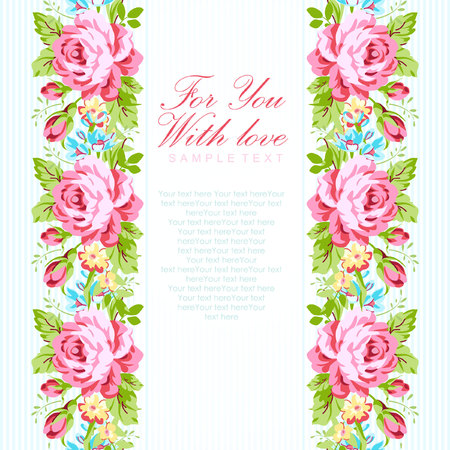 Wedding invitation card template with garden pink roses and forget-meのイラスト素材