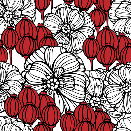 Seamless pattern with white poppy flowers and red poppy boxesのイラスト素材