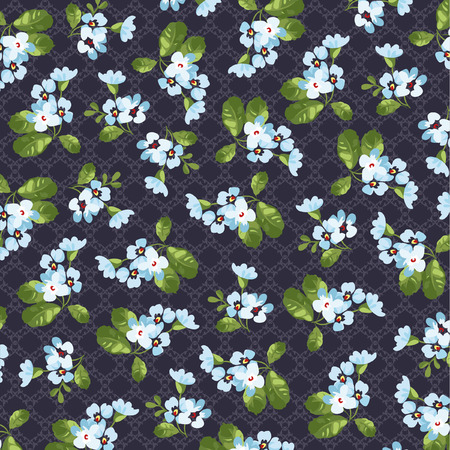 Seamless floral pattern with little blue flowers on black fonts.のイラスト素材