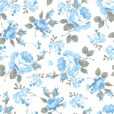 Seamless floral pattern with blue rose and grey leavesのイラスト素材