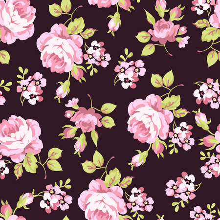Seamless floral pattern with little pink roses, on black backgroundのイラスト素材