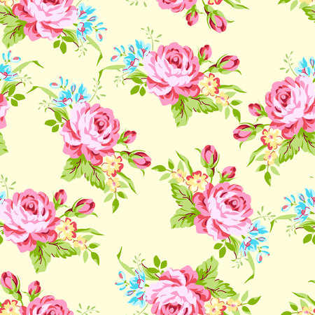 Seamless floral pattern with garden pink roses and forget-meのイラスト素材