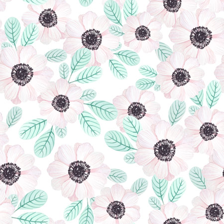 Seamless pattern with anemones and leaves in vintage watercolor style, vector illustration.のイラスト素材
