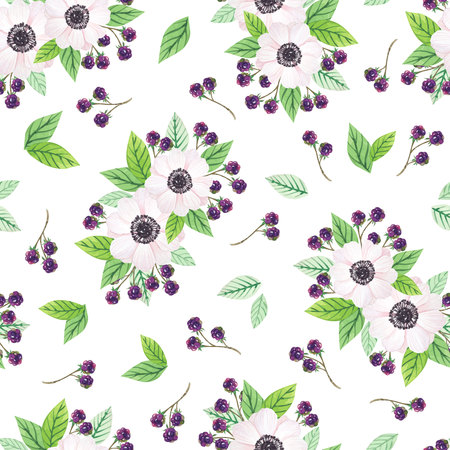 Seamless pattern with anemones, leaves and blackberries in watercolor style, illustration.のイラスト素材