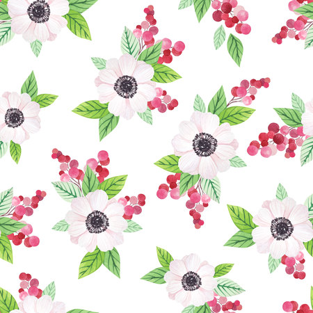 Seamless pattern with anemones, leaves and branches of red berries in watercolor style, illustration.のイラスト素材