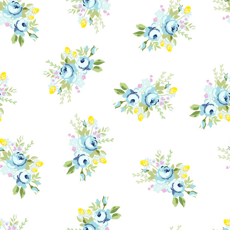 Seamless floral pattern with big blue roseのイラスト素材