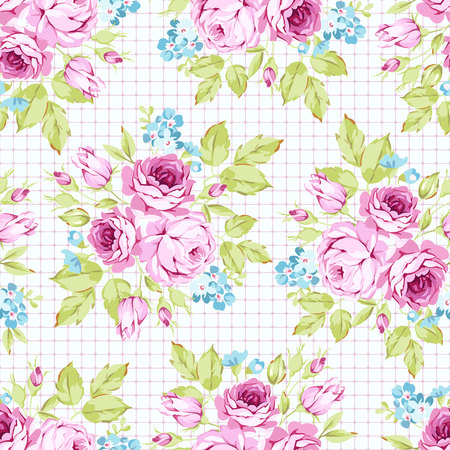 Seamless floral pattern with pink roses and flowering brancheのイラスト素材