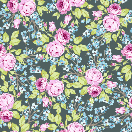 Seamless floral pattern with pink roses and flowering brancheのイラスト素材