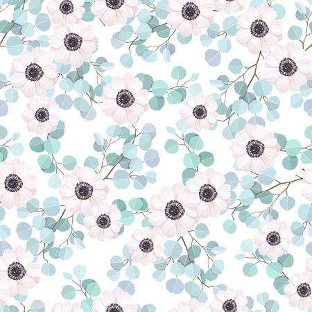 Seamless pattern with eucalyptus branches and flowers anemonesのイラスト素材
