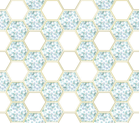 Abstract background with eucalyptus branches and hexagon figuresのイラスト素材