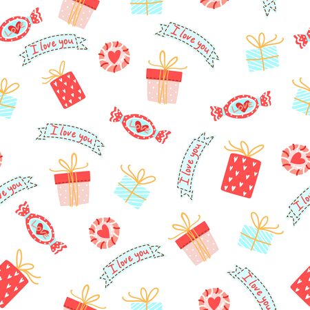 Seamless Pattern for Valentines day with cute candies with heart and gift boxesのイラスト素材