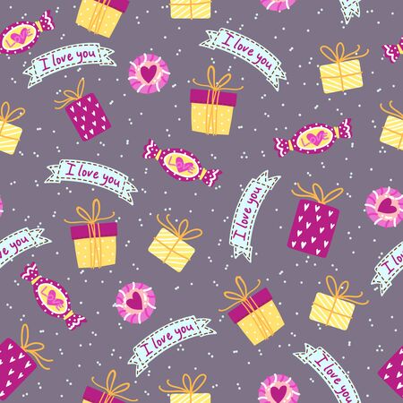 Seamless Pattern for Valentines day. Set with cute candies, hearst and gift boxes.のイラスト素材