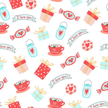 Seamless Pattern for Valentines day. Set with cute candies, hearst and gift boxes.のイラスト素材