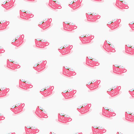Valentines day seamless pattern with cups, hearts and sugar.のイラスト素材