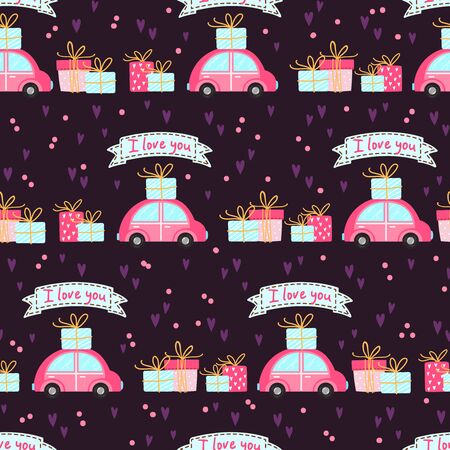 Seamless Pattern for Valentines day. Set with cute cars and gift boxes on a dark background.のイラスト素材