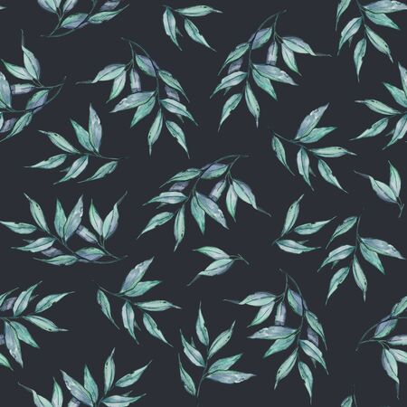 Seamless pattern with leaves on dark background, watercolor floral pattern, tileable for wallpaper, card or fabricの写真素材