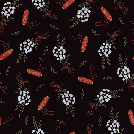 Cute seamless vector background with spool of thread and bouquet on dark background.のイラスト素材