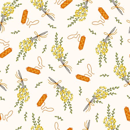 Cute seamless vector background with skein of threadand bouquetのイラスト素材