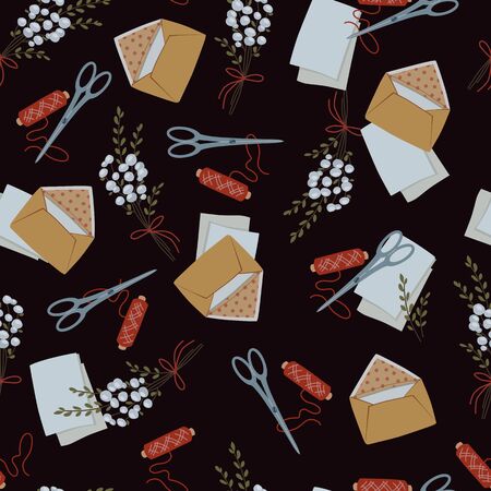 Cute seamless vector background with letters and bouquet. Set with a letter and an envelope, scissors, threads and a bouquet.のイラスト素材