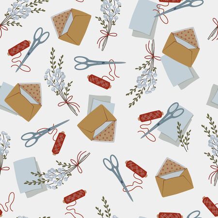 Cute seamless vector background with letters and bouquet. Set with a letter and an envelope, scissors, threads and a bouquetのイラスト素材