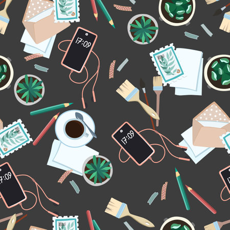 Seamless vector background with cacti and a cup of coffee. Ideal for printing and textiles.のイラスト素材