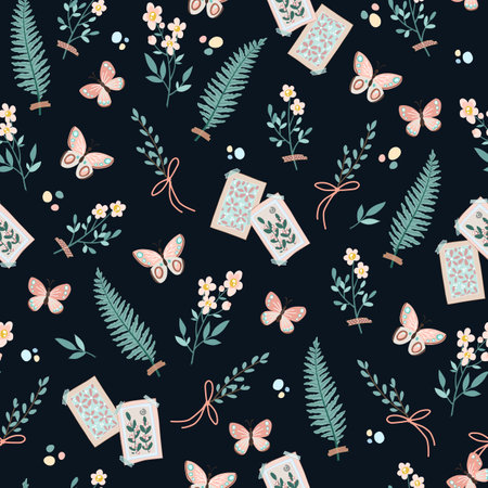 Spring seamless vector pattern with butterflies, fern and cards.のイラスト素材