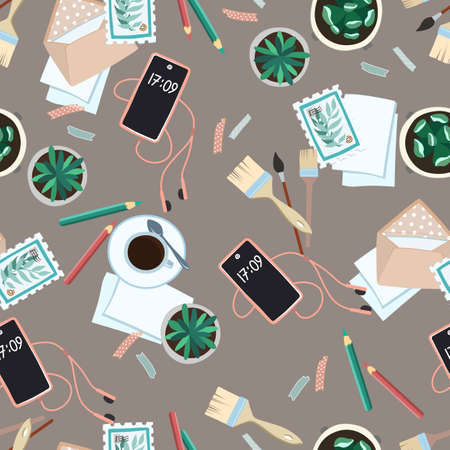 Seamless vector background with cacti and a cup of coffee. Ideal for printing and textilesのイラスト素材