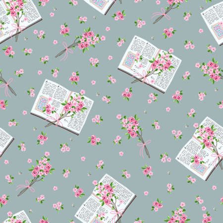Seamless pattern with letters and bouquets of flowers. Suitable for textiles and typography.のイラスト素材