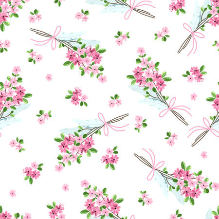 Seamless pattern with a bouquet of small pink flowers and bird feathers.のイラスト素材