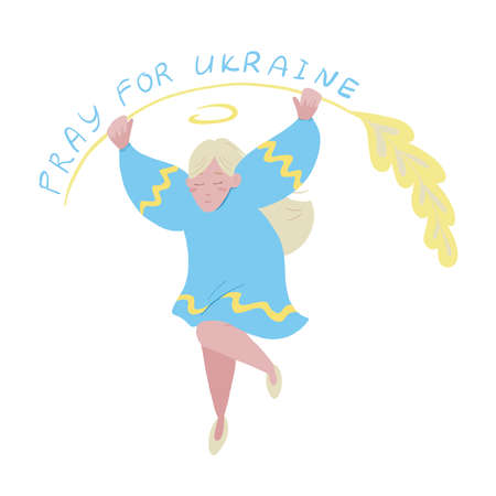 Pray for Ukraine flat. Woman or girl with wheat spike. Cute vector illustrationのイラスト素材