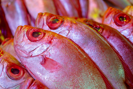 Fresh fish on display at a fish market in Bangkok, Thailand.の写真素材