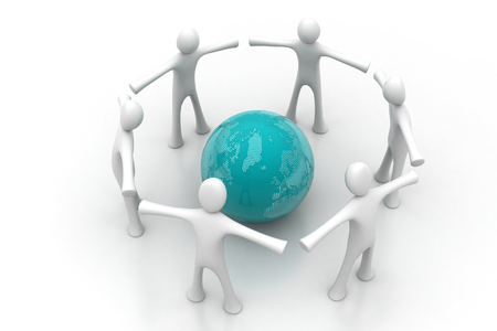 3d people create a circle around the globeの写真素材