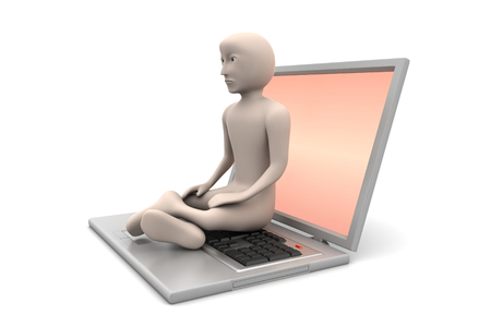 3d man in meditation with laptopの写真素材